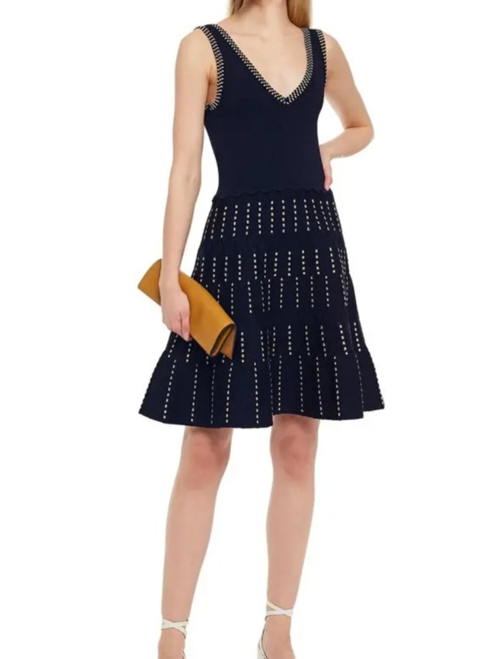 Sandro Jasm Metallic Knit Pointelle Dress Blue